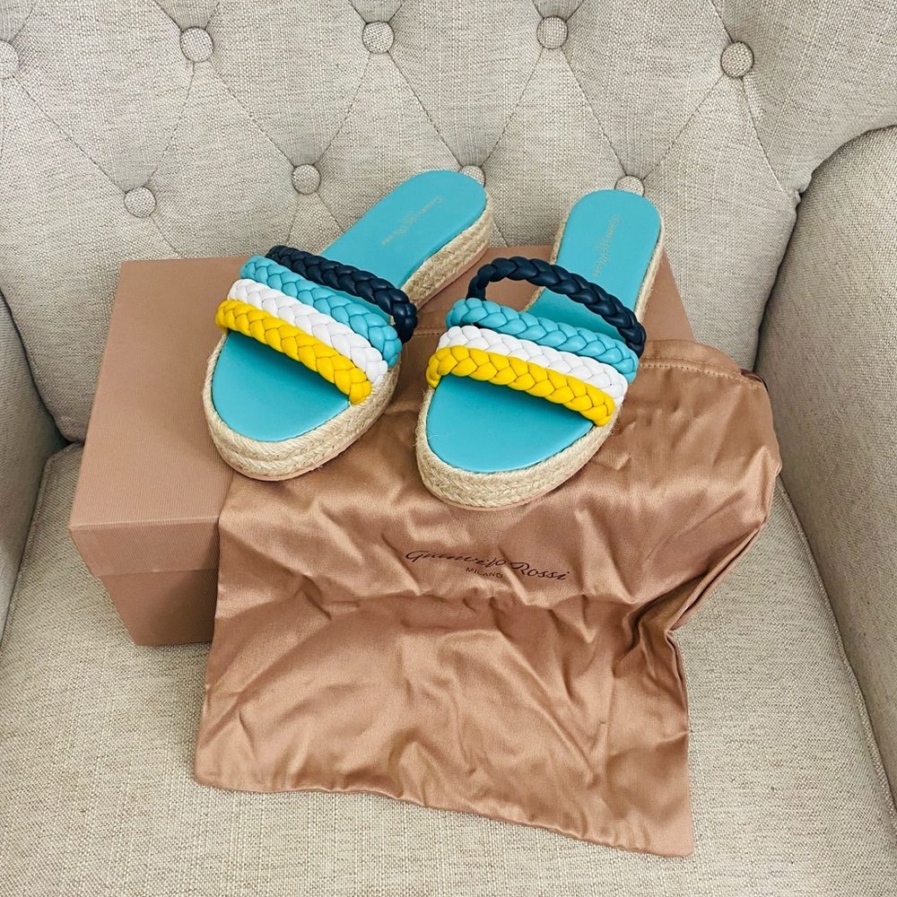 Gianvito Rossi Marbella Nappa Mimosa  mule teal sandals 38 braided